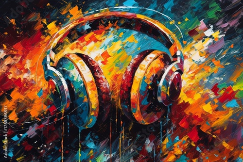 A vibrant and energetic abstract painting of headphones with colorful brushstrokes.