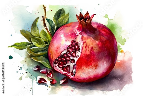 Watercolor painting of a ripe pomegranate.