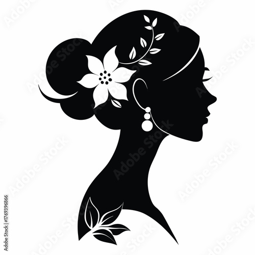 Elegant woman silhouette with flower and earring, a graceful and stylish design