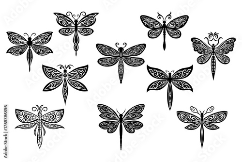 Dragonfly in Celtic Style Detailed Silhouettes set black and white