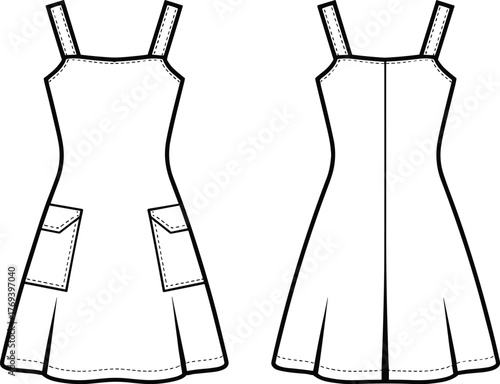 Sleeveless dress fashion flat, wide straps, patch pockets, flared skirt, center back seam, garment construction sketch, front and back view vector