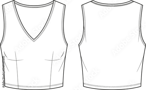 Sleeveless fitted crop top technical flat sketch, front and back view, V-neckline, bust darts, vertical seams, high back, fashion design vector illustrationSleeveless fitted crop top technical flat sk
