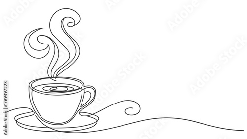 Elegant continuous line art of a steaming coffee cup, minimalist design for cafes and restaurants, modern coffee break concept, simple coffee shop logo idea