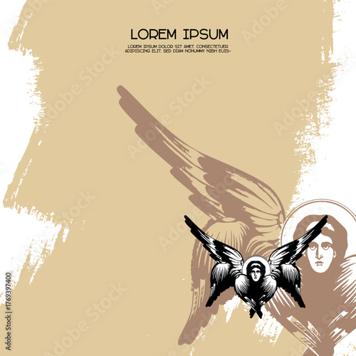 Religious vintage poster template with seraphim. Christian illustration in Byzantine style