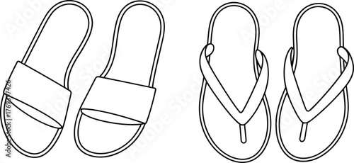 Slide sandals and flip-flops vector, casual footwear fashion flat, top view outline, summer shoes illustration, minimal design, black line sketch