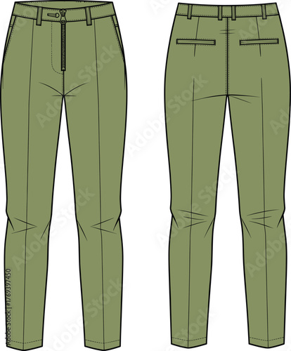 Slim fit tailored pants, fashion flat sketch, technical garment drawing, apparel design, vector template, clothing illustration, front and back view