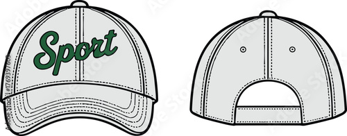 Sport baseball cap vector, front and back view sketch, embroidered text design, adjustable strap, ventilation holes, fashion headwear construction illustration