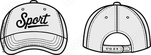 Sport lettering baseball cap fashion flat, front and back view, adjustable strap, stitched brim and panels, garment construction sketch illustration
