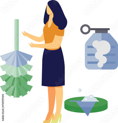 Girl is holding cobweb brush for cleaning