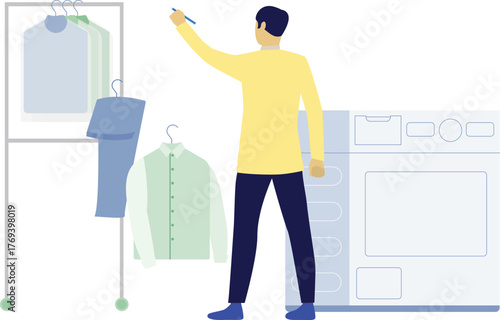 Man hanging clothes on rack