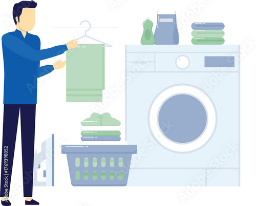 Man is arranging wash clothes in basket
