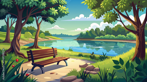 Very beautiful empty park bench overlooking the peaceful lake pond called Neshaminy Creek in Tyler State Park, Bucks County, Pennsylvania, USA, surrounded by calm water and lush greenery.