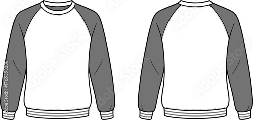 Striped raglan sweatshirt fashion flat, crew neckline, ribbed cuffs and hem, color block sleeves, front and back garment sketch illustration