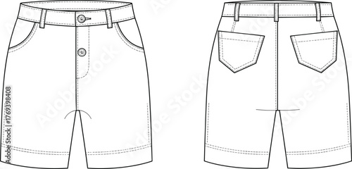 Structured shorts technical flat sketch, front and back view, curved pockets, patch pockets, belt loops, folded hem, button fly, fashion vector illustration