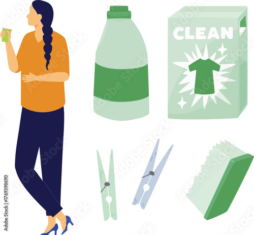 The girl is looking cleaning powder.