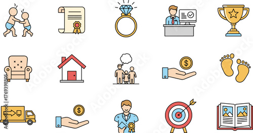 Family Life Cycle Stages and Milestones Illustration: From Childhood, Education, Career, Marriage, Family Planning, Home Ownership, Financial Security, Achievements, Legacy, and Future Goals