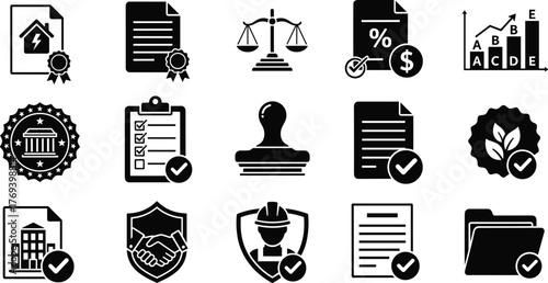 Business Compliance and Regulations Icons Set Representing Legal Approval, Certification, Agreement, Contract Documents for Real Estate, Energy Efficiency, Financial Growth, Modern Corporate