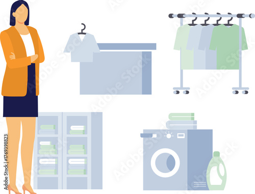 The girl is standing in dry cleaning store.