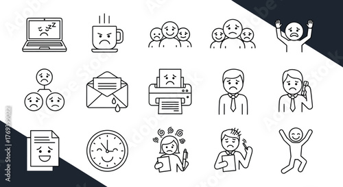 Office Worker Emotional Stress Icons Illustrating Business Challenges, Deadlines, Productivity Issues, Communication Breakdown, Technology Problems, with Anxiety, Frustration, and Job Satisfaction