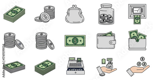 Money and Finance Illustrations: Cash, Coins, and Banking in Vector Style for Business and Investment Presentations, Financial Planning, E-commerce Graphics, and Budgeting with a Modern, Clean