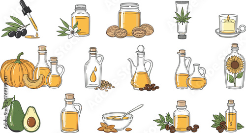 Assorted Natural Oils Collection: Illustration of Organic Essential Oils and Plant Extracts for Aromatherapy, Skincare, and Wellness Products in Bottles, Jars, and Droppers for Healthcare, Spa, and