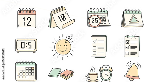 Daily Planning and Time Management Illustrations Set:  Calendars, Alarm Clocks and To-Do Lists for Scheduling, Deadlines, Productivity, and Task Management in Business, Education and Lifestyle