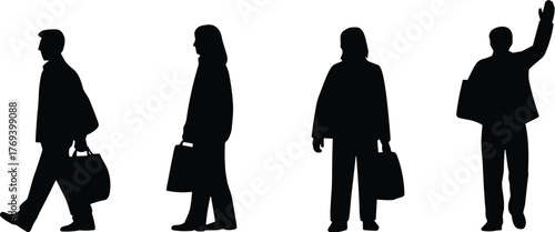 Human silhouette, walking pose, standing figure, bag carrier, black graphic, vector illustration, travel gesture, casual attire, urban motion, lifestyle iconHuman silhouette, walking pose,