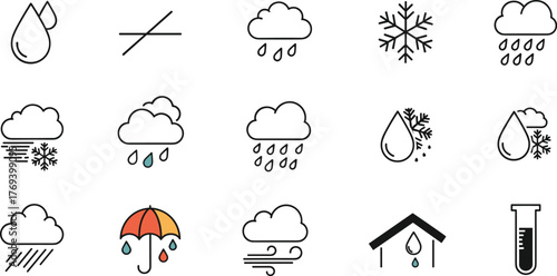 Weather Condition Icons Illustration Set Showcasing Diverse Meteorological Elements, Including Raindrops, Snowflakes, Clouds, and Wind Patterns for Forecasting, Education, Science, and Climate Study