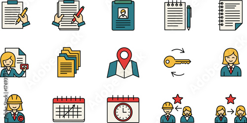 Modern Office Workflow Icons Set: Business Management, Teamwork, and Task Management for Planning, Organization, and Productivity in Corporate Strategy and Communication, Data Driven Decision Making,