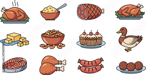 Variety of Culinary Delights Featuring Protein Rich Foods Like Roasted Chicken, Baked Ham, and Grilled Fish, Along with Sides and Desserts Representing Diverse Menu Options, Ideal for Nutrition,