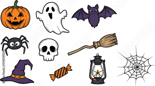 Halloween Cartoon Icons Collection Displayed on White Backdrop, Featuring a Spooky Pumpkin, Ghostly Spirit, Cute Bat, Scary Spider, Skull, Witch Broom, Lamp, Candy, Hat and Web for Holiday