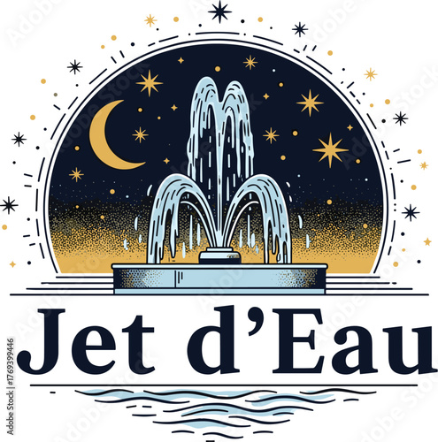 Elegant Jet d'Eau Fountain at Night Under Crescent Moon and Stars Graphic Illustration Design for Branding, Logo, Corporate Identity with Modern Style, Water Feature Symbolizing Purity and Beauty