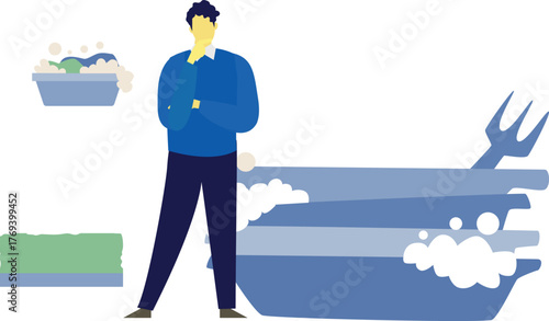 The man is thinking about dish wash.