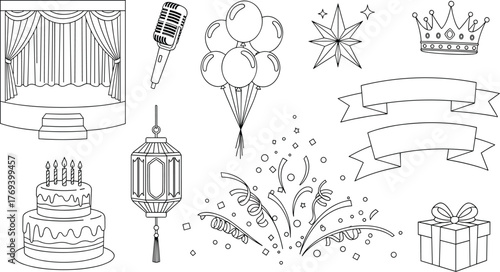 Celebration Party Elements Illustration: Stage, Microphone, Balloons, Confetti, Cake, Gift Box, and Crown for Birthday, Event, Performance, Anniversary, Celebration Graphics, Festive Design, Decor