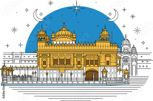 Golden Temple of Amritsar Illustration in India, Sikhism Holy Site and Architectural Landmark Under Crescent Moons and Stars, Symbol of Spirituality and Cultural Heritage, for Travel, Design