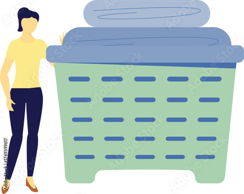 The woman is collecting cloth in basket