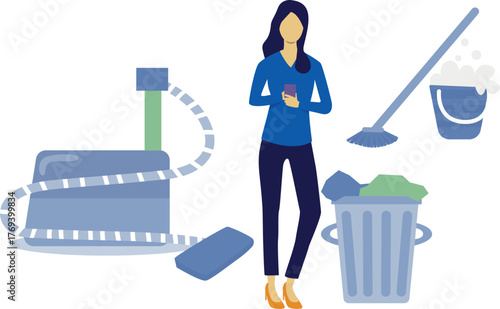 Woman cleaning floor with vacuum cleaner.