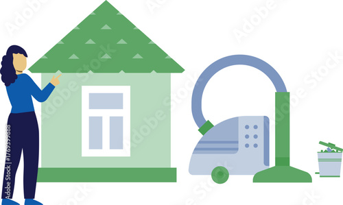 Woman cleaning with vacuum cleaner.