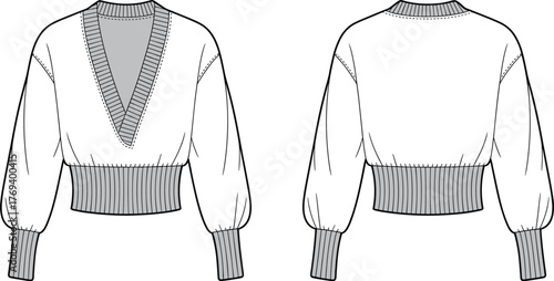 Elegant long sleeve V-neck cropped sweater fashion flat sketch with ribbed cuffs and waistband, vector apparel template for design mockups