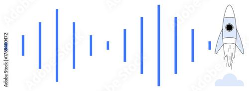 Blue soundwave lines intersect with a soaring rocket releasing exhaust. Ideal for technology, innovation, progress, startup growth, communication, exploration, modern design. Simple flat metaphor