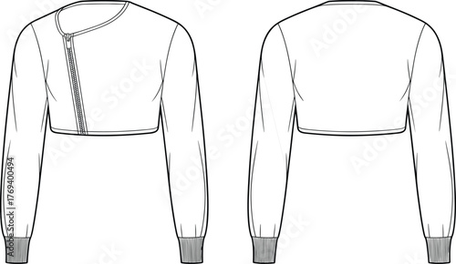 Modern asymmetric zip front cropped sweatshirt fashion flat sketch long sleeve ribbed cuff technical apparel design vector template illustration