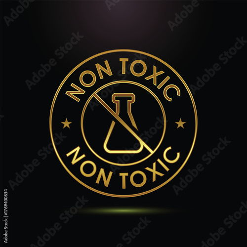 Golden Non Toxic Stamp with Flask Symbol and Stars Isolated on Black Background