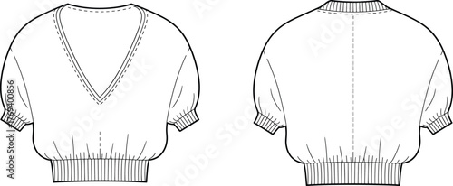 Trendy women’s short sleeve V neck knit sweater fashion flat technical sketch front and back view isolated vector illustration design template
