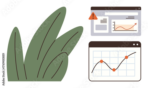 Graphs, chart windows with warning alert, upward trends alongside green leaves. Ideal for eco impact, sustainability, progress monitoring, environmental growth, data analysis, technology and alert