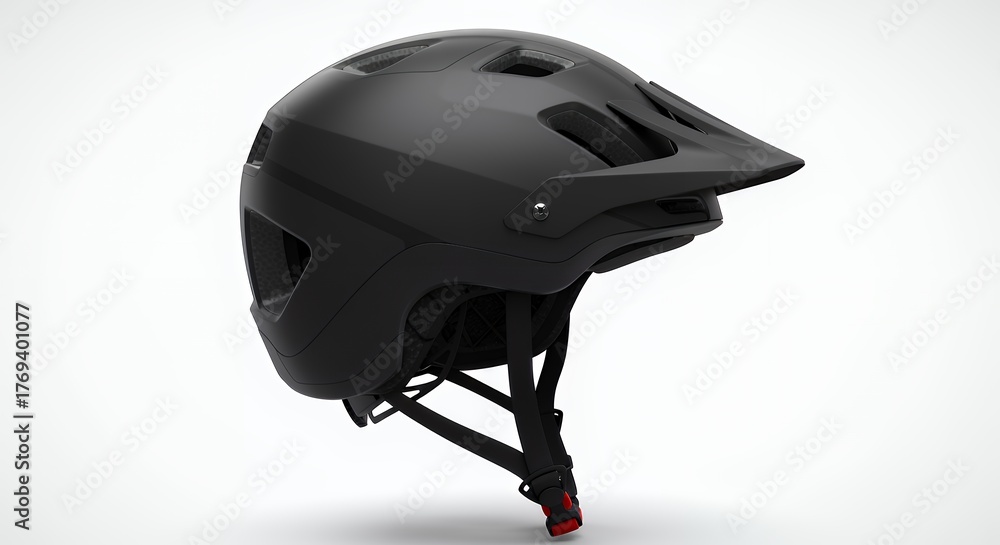 Naklejka premium A black matte full-face mountain bike helmet with a visor and straps is shown against a white background.