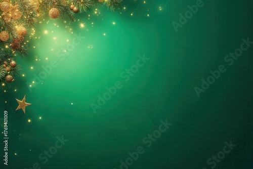 Festive Christmas background with golden decorations on a green surface. Glitter ornaments and a star on pine branches. Holiday concept with copy space for text