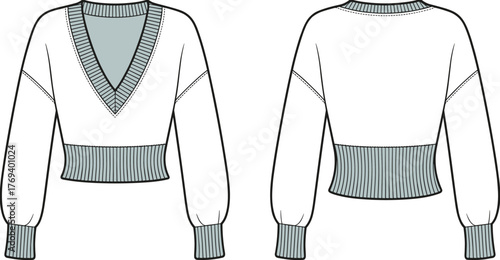 Trendy women’s V neck cropped sweater fashion flat sketch with long sleeves and ribbed knit cuffs hem technical design illustration