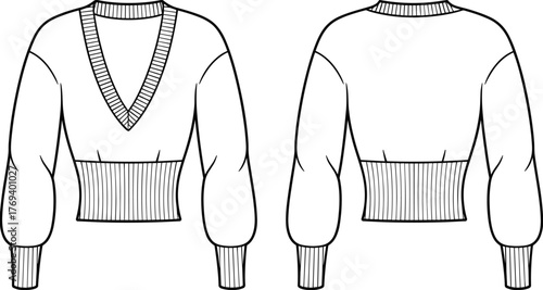 Trendy women’s V neck long sleeve cropped sweater fashion flat sketch ribbed waist technical apparel design front and back vector template