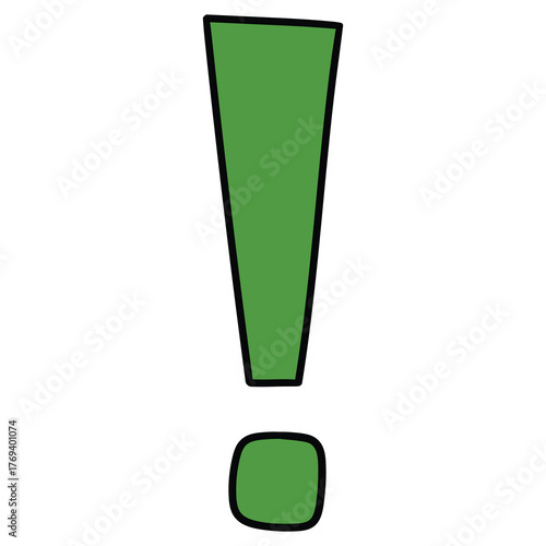 Hand-drawn cartoon green exclamation mark on a white background.