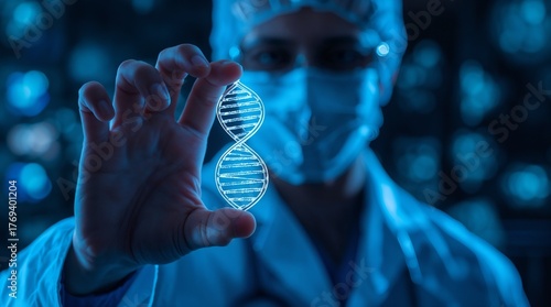 Futuristic Genetic Research – Doctor Analyzing Holographic DNA Helix in Advanced Laboratory (Conceptual Medical Tech Photography)